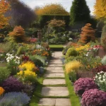Colourful flower garden with stone pathway - AI Generated