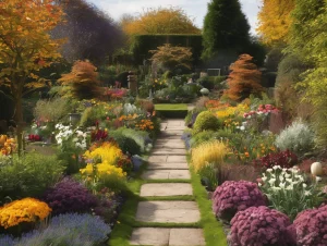 Colourful flower garden with stone pathway - AI Generated