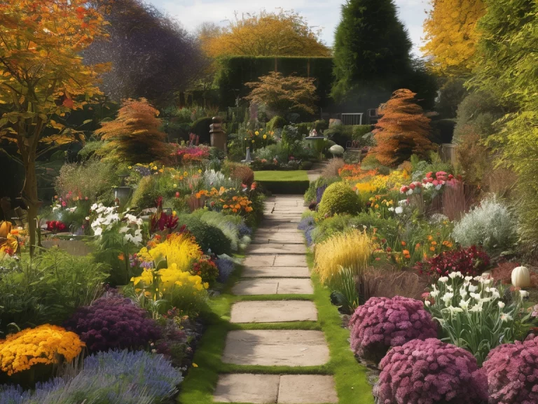 Colourful flower garden with stone pathway - AI Generated