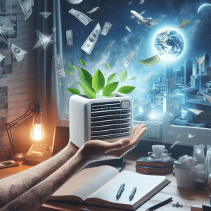 picture of portable air conditioner held in hand with leaves and money